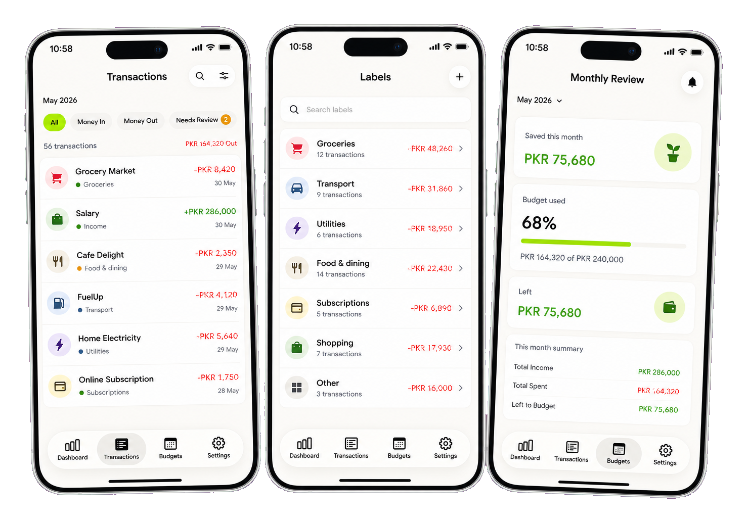 Parchi transactions, labels, and monthly review mobile screens